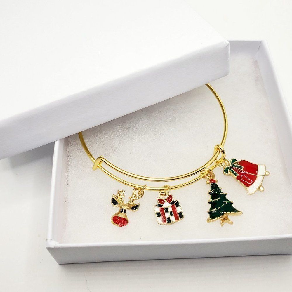 Christmas Reindeer Charm Bracelet, Gold Jewelry Women, Holiday Bracelet